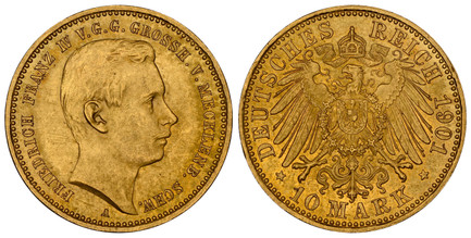 1087157 GERMAN STATES. Mecklenburg-Schwerin. Friedrich Franz IV. 1901-A AV 10 Mark. NGC MS65.  By Otto Schultz. Berlin. Edge: ~ * ~. Head right / Crowned imperial eagle, shield on breast, type III. KM 331; Jaeger 233; Fr.-3805.

Celebrating his co...