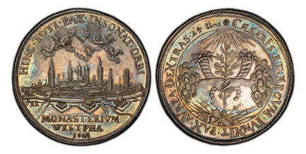 1086461 GERMAN STATES. Münster. 1648 AR 1 1/4 Thaler or Medallic 1 1/4 Thaler. PCGS MS64.  By Engelbert Kettler. 52.5mm. Cityscape of Münster; two angels above, one holding palm leaf and trombone sounding "PAX" and the other holding laurel branch ...