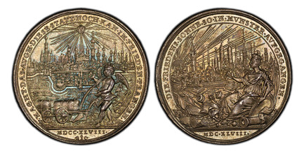 1085391 GERMAN STATES. Münster. 1748 AR Medal. PCGS MS63.  By J. Thiebaud. 32.3mm. 11.53gm. Seated allegorical figure of Germania, left between weaponry, holding a scepter in her left hand and pointing with her right at the cityscape of Münster wi...