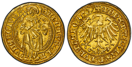 1086081 GERMAN STATES. Nürnberg. 1507 AV Goldgulden. PCGS MS62.  3.26gm. [+]MONETA:9VNIS: D: NURMBERG: (date). Eagle with 'N' in square on breast, legend in Gothci letters ending with date / SANCTVS(::)LA - VRENTIVS:. Full-length facing figure of ...