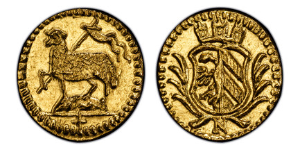 1084227 GERMAN STATES. Nürnberg. (1700-Dated) AV 1/16 Ducat. PCGS MS64.  N. 0.23gm. Crowned arms in branches / Paschal lamb. KM 246; Fr.-1895; Kellner 102.

Please use this link to verify the PCGS certification number <a href="http://www.pcgs.com/...