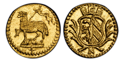 1084228 GERMAN STATES. Nürnberg. (1700-Dated) AV 1/16 Ducat. PCGS MS65.  N. 0.27gm. Crowned arms in branches / Paschal lamb. KM 246; Fr.-1895; Kellner 102.

Please use this link to verify the PCGS certification number <a href="http://www.pcgs.com/...