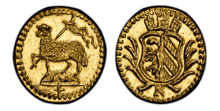 1084229 GERMAN STATES. Nürnberg. (1700-Dated) AV 1/16 Ducat. PCGS MS67.  N. 0.28gm. Crowned arms in branches / Paschal lamb. KM 246; Fr.-1895; Kellner 102.

Please use this link to verify the PCGS certification number <a href="http://www.pcgs.com/...