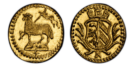 1084291 GERMAN STATES. Nürnberg. (1700-Dated) AV 1/16 Ducat. PCGS MS66.  N. 0.27gm. Crowned arms in branches / Paschal lamb. KM 246; Fr.-1895; Kellner 102.

Please use this link to verify the PCGS certification number <a href="http://www.pcgs.com/...