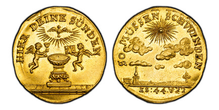 1083403 GERMAN STATES. Nürnberg. (c.1750) ND AV Medallic Ducat. PCGS MS61.  3.49gm. SO MÜSSEN SCHWINDEN. Radiant sun and clouds above a landscape with a church / HIER DEINE SÜNDEN. Two floating angels with a chalice and gospel next to a baptismal ...