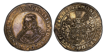 1087158 GERMAN STATES. Pomerania. Christina of Sweden. 164Z (1642) AR Thaler. PCGS Genuine - XF Details Graffiti.  Stettin Mint. Bust of Christina with curly hair, left / Helmeted, supported shield of arms. KM 193.2; Dav.-4573.

Small obverse graf...