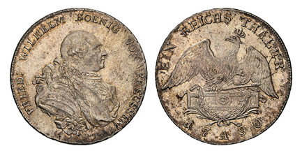 1083390 GERMAN STATES. Prussia. Friedrich Wilhelm II. 1790-A AR Thaler. NGC MS62.  Berlin. FRIED: WILHELM KOENIG VON PREUSSEN. Armored, draped bust right / EIN REICHS THALER. Imperial eagle with orb and sceptre on ledge above branches. KM 348.1; D...
