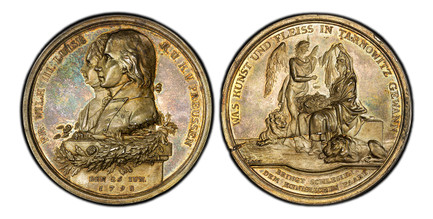 1085080 GERMAN STATES. Prussia. Friedrich Wilhelm III. 1798 AR Medal. PCGS MS65.  By F. W. Loos. 52mm. 56.37gm. Conjoined busts left on a column within a wreath of rose and oak leaves, date inscribed below / A veiled seated allegorical figure of S...