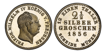 1086167 GERMAN STATES. Prussia. Friedrich Wilhelm IV. 1856-A AR 2-1/2 Silber Groschen. PCGS PR66DCAM (Deep Cameo).  Berlin. 21mm. 3.17gm. FRIEDR. WILHELM IV KOENIG V. PREUSSEN. Head right / 12 EINEN THALER above SCHEIDE MUNZE below. 2 1/2 / SILBER...