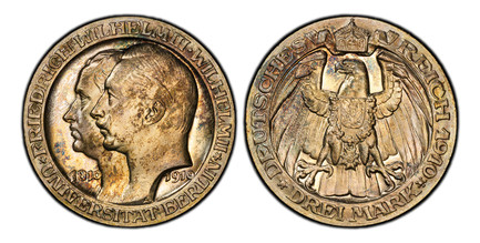 1086626 GERMAN STATES. Prussia. Wilhelm II. 1910-A AR 3 Mark. PCGS PR65.  Berlin. Edge: GOTT MIT UNS. Friedrich Wilhelm III and Wilhelm II left divide dates / Crowned imperial eagle with shield on breast. KM 530. Proof; Jaeger 107.

From a reporte...