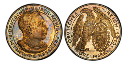 1086684 GERMAN STATES. Prussia. Wilhelm II. 1913 G AR Pattern 3 Mark. PCGS SP65.  By Karl Goetz. 33mm. 13.55gm. Armored bust right / Eagle supports shield in Collar of the Black Eagle. KM X-3a; Jaeger 113; Schaaf 113/G1; Kienast 76; Böttcher 5238....