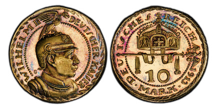 1086686 GERMAN STATES. Prussia. Wilhelm II. (Kaiser, 1888-1918). 1913 Copper Gilt Pattern 10 Mark. PCGS SP66 Cameo.  By Karl Goetz. Karlsruhe mint. 19.9mm. 2.85gm. Bust right in helmet / Crown. KM X-5b. Proof; Jaeger 253; Schaaf 253a G2. Kienast 7...