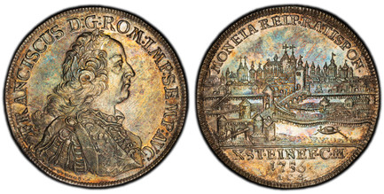 1087703 GERMAN STATES. Regensburg. 1756 ICB AR Thaler. PCGS MS61.  FRANCISCUS D: G: ROM: IMP: SEMP: AVG ·. Armored laureate bust right / MONETA REIP · RATISPON, X·ST·EINE F·C·M·/date/I·C·B·. City view. KM 372; Dav.-2618.

Please use this link to v...