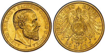 1087110 GERMAN STATES. Saxe-Coburg-Gotha. Alfred. 1895-A AV 20 Mark. PCGS MS64.  ALFRED HERZOG VON SACHSEN COBURG U. GOTHA. Head right / DEUTSCHES REICH date, 20 MARK below. Crowned imperial eagle. KM 163; Jaeger 272.

Please use this link to veri...