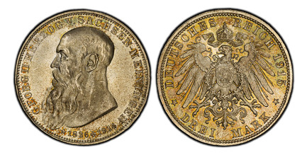 1085182 GERMAN STATES. Saxe-Meiningen. Bernhard III. 1915-(D) AR 3 Mark. PCGS MS66.  Munich. Edge: GOTT MIT UNS. 16.64gm. Head left, long beard / Crowned imperial eagle with shield on breast. KM 207; Jaeger 155.

Death of Georg II.

Please use thi...