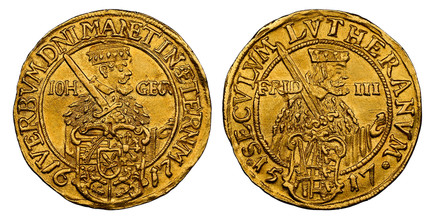 1087706 GERMAN STATES. Saxony-Albertine. Johann Georg I. 1617 AV Ducat. NGC MS62.  VERBVM DNI MANET IN ÆTERNVM. Half-length figure to right, wearing rob and electoral hat, holding sword over right shoulder, divides IOH - GEOR, shield of 4-fold arm...