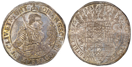 1087320 GERMAN STATES. Saxony-Albertine. Johann Georg I. 1649 CR AR Thaler. NGC MS65.  Armored bust, right with sword over left shoulder; orb above head and plumed helmet in the right field before portrait / 8 helmets above shield dividing date. K...