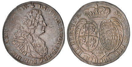 1087707 GERMAN STATES. Saxony-Albertine. Friedrich August I. 1733 IGS AR Thaler. NGC MS61.  Dresden. D · G · FRID: AUGUST: REX POL: DUX SAX: I · C · M · A · & W ·. Armored, draped bust right / SAC: ROM: IMP: ARCHIM: ET ELECTOR ·. Crowned shields o...