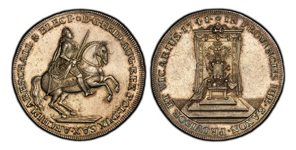 1087131 GERMAN STATES. Saxony-Albertine. Friedrich August II. 1741 FWoF AR Thaler. PCGS MS64.  26.03gm. D · G · FRID · AUG · REX POL · DUX SAX · ARCHIMARESCHALL · & ELECT ·*. Figure on rearing horse right / IN PROVINCIIS IUR · SAXON · PROVISOR ET ...