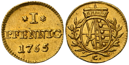 1087421 GERMAN STATES. Saxony-Albertine. Friedrich August III. 1765 C AV Off Metal Pfennig. NGC MS63.  Dresden. 0.86gm. Denomination •I•; date below / Crowned oval shield of arms within branches, C. below. KM Pn43 (cf. KM 980); Kahnt 1060; Schl.-9...