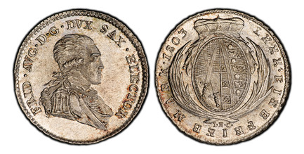 1086671 GERMAN STATES. Saxony-Albertine. Friedrich August III. (King, 1763-1806). 1803 IEC (Johann Ernst Croll, Mintmaster) AR 1/6 Thaler, 1/4 Gulden. PCGS MS64.  Dresden. 5.33gm. FRID. AVG. D. G. DVX SAX. ELECTOR. Uniformed bust right / LXXX. EIN...