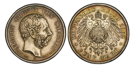 1086676 GERMAN STATES. Saxony-Albertine. Albert. (King, 1873-1902). 1902-E AR 5 Mark. PCGS MS64.  Muldenhutten. Edge: GOTT MIT UNS. ALBERT KOENIG VON SACHSEN. Head right / DEUTSCHES REICH date, FUNF MARK below. Crowned imperial eagle. KM 1246; Jae...