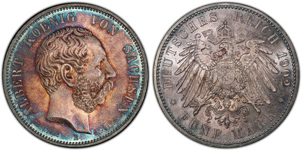1087663 GERMAN STATES. Saxony-Albertine. Georg. 1903-E AR 5 Mark. PCGS MS67.  Muldenhutten. Edge: GOTT MIT UNS. Head right / Crowned imperial eagle with shield on breast. KM 1258.

Superbly toned.

Please use this link to verify the PCGS certifica...