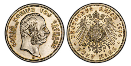 1085181 GERMAN STATES. Saxony-Albertine. Georg. 1904-E AR 5 Mark. PCGS MS64.  Muldenhutten. Edge: GOTT MIT UNS. 27.74gm. Head right / Crowned imperial eagle with shield on breast. KM 1258; Jaeger 133.

Please use this link to verify the PCGS certi...