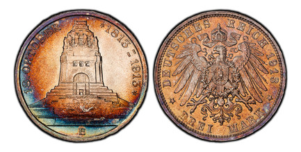 1086677 GERMAN STATES. Saxony-Albertine. Friedrich August III. (King, 1904-1918). 1913-E AR 3 Mark. PCGS MS65.  Muldenhutten. Edge: GOTT MIT UNS. Monument divides date above / Crowned imperial eagle with shield on breast. KM 1275; Jaeger 140; Dav....