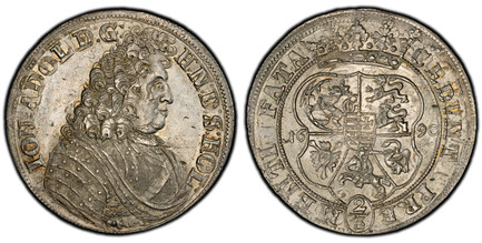 1083121 GERMAN STATES. Schleswig-Holstein-Ploen. Johann Adolf. (1671-1704). 1690 AR 2/3 Thaler. PCGS MS63.  16.08gm. Large armored bust right / Crowned shield in circle, value below. KM 16; Dav.-571; Lange 761d.

Please use this link to verify the...