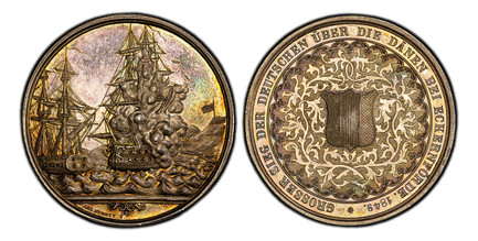 1085166 GERMAN STATES. Schleswig-Holstein. Friedrich VII. (1848-1863). 1849 AR Medal. PCGS MS63.  By Drentwett. Edge: Plain. 39mm. 24.43gm. Battle scene showing the Danish frigate 'Gefion' with 48-guns and 'Ship of the Line Christian VIII' with 84...