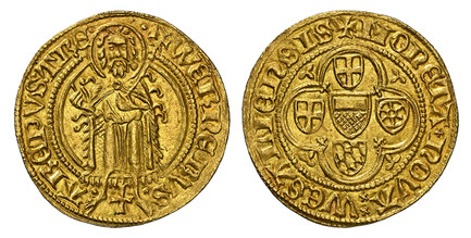 1086772 GERMAN STATES. Trier. Werner von Falkenstein. Archbishop and Elector, 1388-1418). (1388-1418) AV Goldgulden. NGC MS64.  Oberwesel. 3.46gm. Haloed St. John the Baptist; cross between his feet in legend below / Cruciform of shileds within qu...