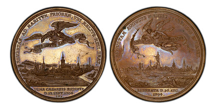 1085169 GERMAN STATES. Ulm. 1704 Bronzed AE Medal. PCGS MS64.  By M. Brunner und G.F. Nürnberger, Nürnberg. Edge: Plain. 47.5mm. 50.32gm. Flying imperial eagle with banner over the city of Ulm / Angel with banner over the city of Augsburg. Forster...