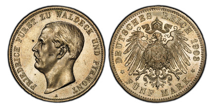 1085393 GERMAN STATES. Waldeck-Pyrmont. Friedrich. 1903-A AR 5 Mark. PCGS MS64.  Berlin. Edge: GOTT MIT UNS. 27.68gm. Head left / Crowned imperial eagle with shield on breast. KM 192; Jaeger 171.

Please use this link to verify the PCGS certificat...