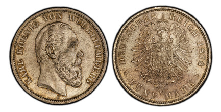 1085088 GERMAN STATES. Württemberg. Karl I. 1876-F AR 5 Mark. PCGS MS63.  Stuttgart. KARL KOENIG VON WUERTTEMBERG. Head right / DEUTSCHES REICH date, FUNF MARK below. Crowned imperial eagle. KM 623; Jaeger 173.

Please use this link to verify the ...