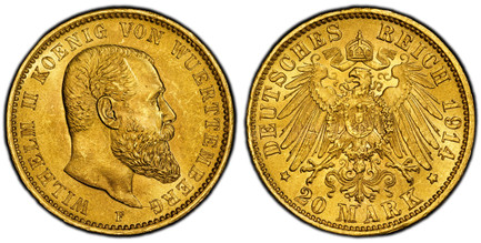 1087115 GERMAN STATES. Württemberg. Wilhelm II. 1914-F AV 20 Mark. PCGS MS66.  Freudenstadt. Edge: GOTT MIT UNS. WILHELM II KOENIG VON WUERTTEMBERG. Head right / DEUTSCHES REICH date, 20 MARK below. Crowned imperial eagle with shield on breast. KM...