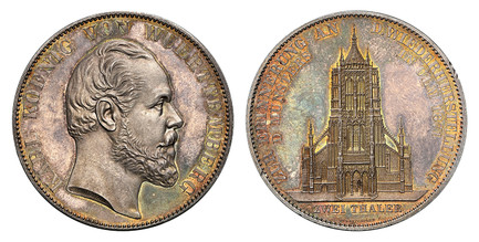 1087121 GERMAN STATES. Wurttemberg. Karl I. 1871 AR 2 Thaler, 3-1/2 Gulden. NGC PR62.  Edge: XV EIN PFUND FEIN. KARL KOENIG VON WUERTTEMBERG. Head right / ZUR ERINNERUNG AN D. WIEDERHERSTELLUNG (inner row) D. MUNSTERS IN ULM date, ZWEI THALER belo...