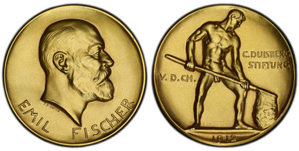 1080606 GERMANY - EMPIRE. Emil Fischer. (Chemist, 1852-1919). 1912 AV Medal of 22 Ducats Weight. PCGS SP68.  By F. Klimsch. Edge: [585]. 50mm. 76.84gm. EMIL FISCHER. Bust, right / Standing figure to right. Heidemann 128.

Prize medal of the Associ...