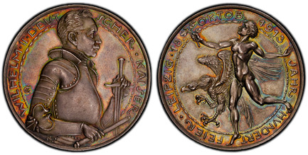 1086664 GERMANY - EMPIRE. Wilhelm II. (Kaiser, 1888-1918). 1913 Silvered Bronze Medal. PCGS MS64.  By Karl Goetz. Edge: Plain. 39.2gm. Half-length portrait, right / Allegorical figure with a branch strides to left; eagle left in background. Kienas...