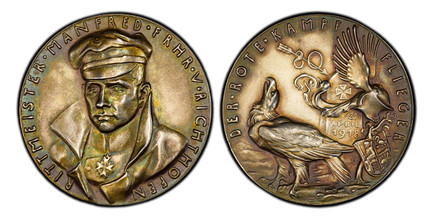 1085793 GERMANY - EMPIRE. 1918 AR Medal. PCGS SP64.  By Karl Goetz. Edge: "BAYER.HAUPTMÜNZAMT.FEINSILBER.". 36mm. 19.47gm. Uniformed portrait slightly to left / Eagle with raised head next to memorial stone, family coat of arms and decorated helme...