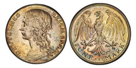 1086687 GERMANY, WEIMAR REPUBLIC. 1925-D AR Pattern AR 5 Reichsmark. PCGS SP63.  by Karl Goetz. Munich. 36mm. 25.43gm. DEVTSCHES – REICH. Bust of Germania, left; signed below truncation, K·GOETZ / REICHS 5 MARK. Eagle standing right, head and tail...