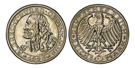 1086678 GERMANY, WEIMAR REPUBLIC. 1928-D AR 3 Reichsmark. PCGS MS65.  Munich. Eagle above denomination / Head left within circle, date below. KM 58; Jaeger 332; Erlanger 975; Mende 146.

For the 400th Anniversary of the death of Albrecht Dürer.

P...