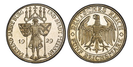 1085099 GERMANY, WEIMAR REPUBLIC. 1929-E AR 5 Reichsmark. PCGS PR65 Cameo.  Muldenhutten. Eagle / Central figure holding shields on poles divides date, five crosses above. KM 66; Jaeger 339.

Struck to commemorate the 1000th Anniversary of Meissen...