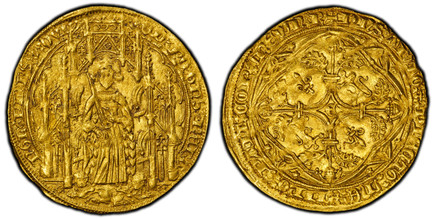 1084845 GREAT BRITAIN. Anglo-Gallic. Edward the Black Prince. (Prince of Aquitaine, 1362-1372). (1362-72) ND-R AV Pavillon d'Or (Noble Guyennois a I'E). PCGS MS62.  La Rochelle. 32.5mm. 4.80gm. ЄD : PO : GnS : RЄGI AnGL : PnPS : AQVI. Edward, hold...