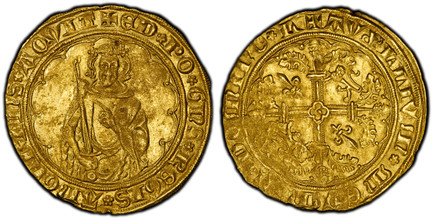 1087080 GREAT BRITAIN. Anglo-Gallic. Edward the Black Prince. (Prince of Aquitaine, 1362-1372). (1362-72) ND AV Hardi d'Or. PCGS MS60.  Limoges. 3.88gm. Duke standing and facing forward holding sword and pointing to right with left hand; legend ar...