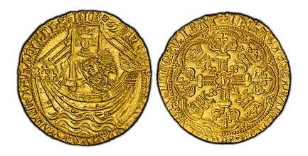1084870 GREAT BRITAIN. England. Henry V. (King, 1413-1422). (1413-22) ND-Cross patée AV Noble. PCGS MS64.  31mm. 6.94gm. H - ENRICx' DIx' GRAx' REXx' ANGL'x Zx FRANC'x DN'Sx HIBx. King standing in ship and facing holding sword and shield / + IH'C*...
