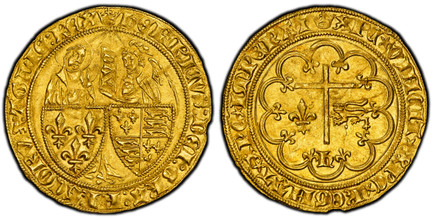 1084822 GREAT BRITAIN. Anglo-Gallic. Henry VI. (King, 1422-53). (1422-1453) ND-(crown) AV Salut d'Or. PCGS MS61.  Paris mint. 27mm. 3.53gm. (crown mm) hЄИRICVS : DЄI : GRA : FRACORV : Ƶ : AGLIЄ : RЄX. The Virgin Mary standing behind the arms of Fr...