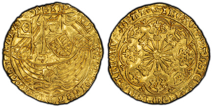 1086564 GREAT BRITAIN. England. Edward IV. (King, 1461-1470). (1466-67)-(Crown) AV Ryal - Rose Noble. PCGS AU58.  London mint. 7.63gm. ЄD WΛRD' · DI GRΛ · RЄX · ΛnGL' · Z · FRΛnC · DnS I B'· (single trefoil stops). Edward standing facing in ship w...