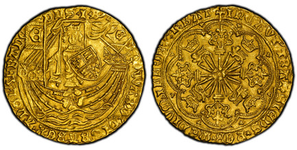 1086447 GREAT BRITAIN. England. Edward IV. (King, 1461-1470 & 1471-1483). (1469-70)-(Long cross fitchee) AR Ryal (Rose Noble). PCGS AU58.  Tower (London)mint. 7.63gm. King standing facing in ship holding sword and shield, rose on ship's side, bann...