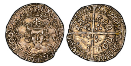 1087160 GREAT BRITAIN. England. Richard III. (King, 1483-1485). (1483-85) ND-(Halved Sun and Rose) AR Groat. PCGS MS62.  London mint. Crowned facing portrait / Long cross with three-pellets in each angle, legends around in two circles. SCBC-2154; ...